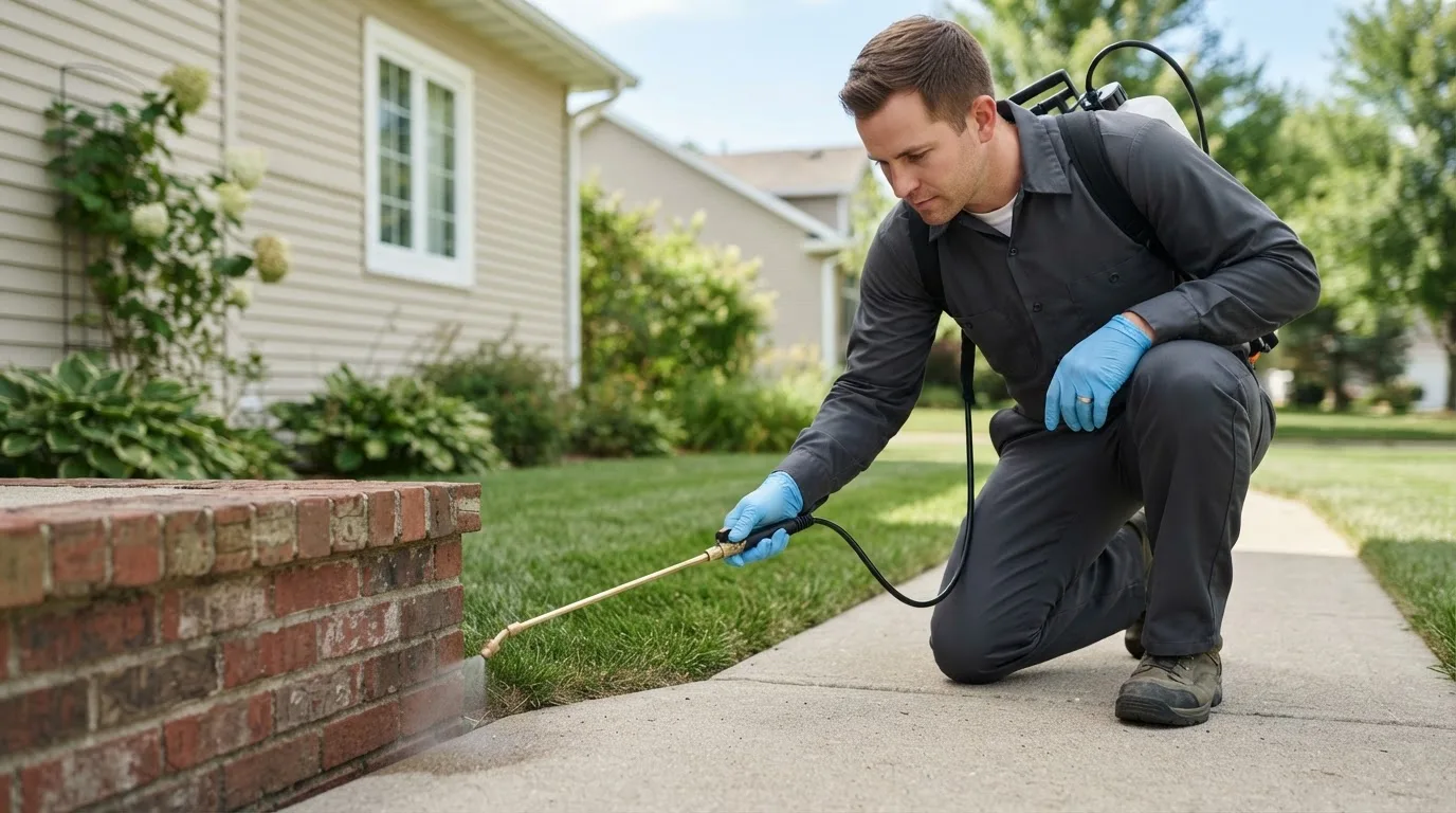 Pest control technician treating a home near Ellsworth, ME